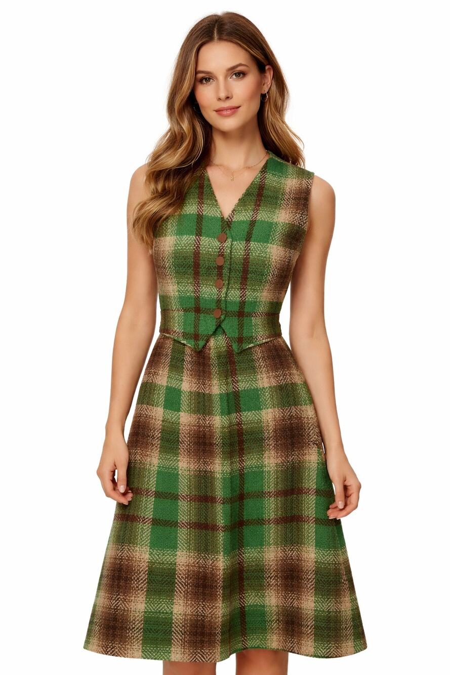 1970s Handmade Green Brown Plaid Skirt & Vest Set XXS - Picture 1 of 14